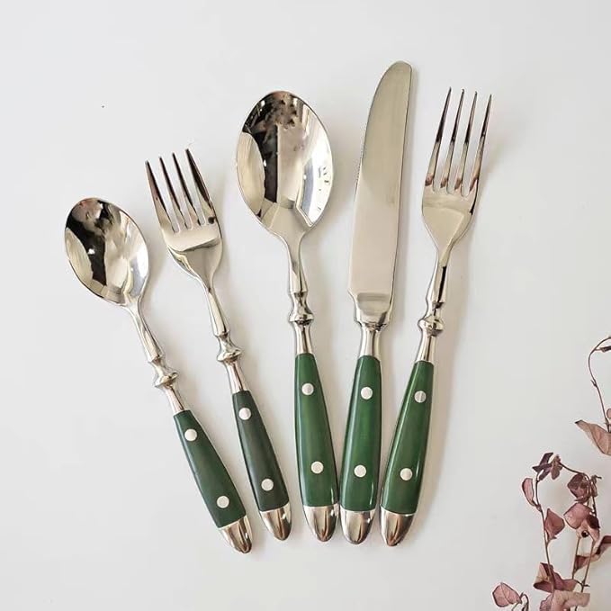 Silverware Set For 8 with Two Rivets Vintage 40-Piece Everyday Flatware Set with Green Bakelite Handle Stainless Steel Cutlery Set Dishwasher Safe Knives Spoons and Forks Set