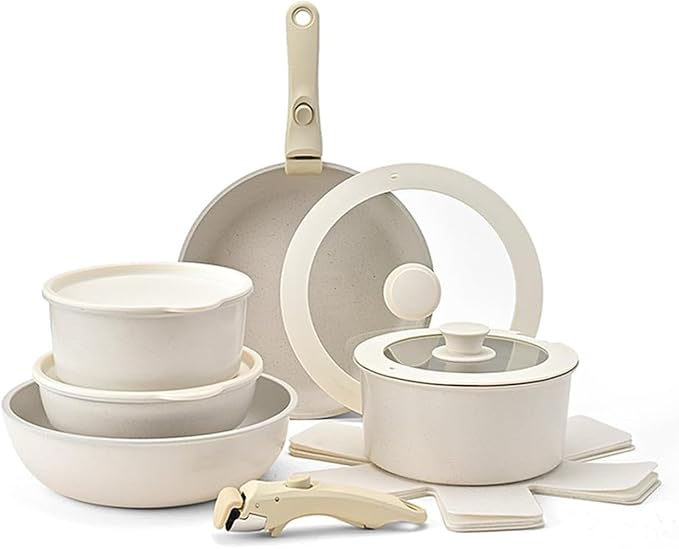 cookware set 15PCS/Set Granite Pots And Pans Set Non Stick Cookware With Removable Handle Induction RV Kitchen With With Glass Lid