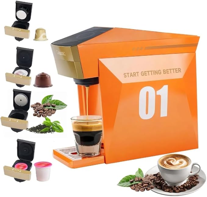 4 In 1 Single Server Coffee Maker Mini Coffee Machine for Nespresso Original/K cups/Dolce Gusto Original/Ground Coffee 19 Bar Espresso Machine Fit for Home Office Orange