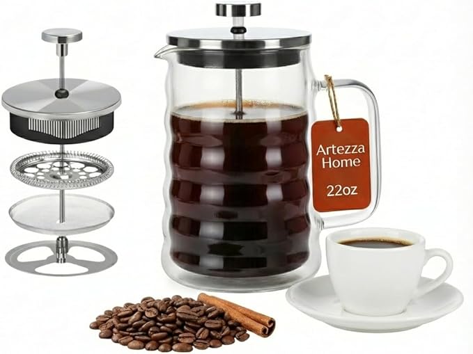 Glass French Press Coffee Maker Double-Wall Borosilicate Glass Coffee Press with Stainless Steel Mesh Filter Manual Coffee Brewer &amp Tea Press Wavy-Design French Press 22oz (Serves 4–5 Cups)