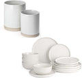 Famiware Dinnerware Sets Set of 4 with Utensil Holder Set of 2 Plates and Double Bowls Dishes (14 Pieces) - Dishwasher &amp Microwave Safe Chip Resistant Reactive Glaze