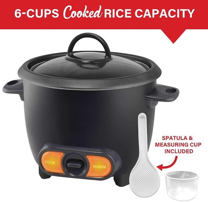 3 Cup Rice Cooker Non-Stick with Glass Lid – Compact 6 Cup Cooked Rice Maker with Spatula &amp Measuring Cup – Small Electric Rice Cooker for Kitchen Black