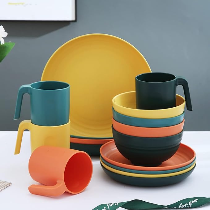 Kyraton Plastic Dinnerware Set of 16 Pieces Unbreakable And Reusable Light Weight Plates Mugs Bowls Dishes Easy to Carry And Clean Microwave Safe BPA Free Dishwasher Safe Service For 4 (Mutil Color)
