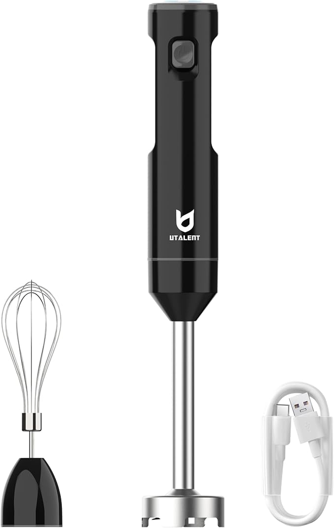Cordless Hand Blender UTALENT Variable Speed Immersion Blender handheld Rechargeable with USB-C Charging Cable Egg Whisk for Smoothies Milkshakes Hummus and Soups – Black