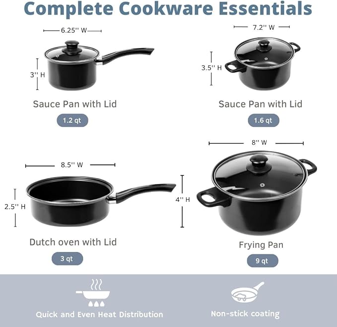 Imperial Home 7 Pc Carbon Steel Nonstick Cookware Set Pots &amp Pans Set Dishwasher Safe Cookware Set Cooking Set Kitchen Essentials (Black)