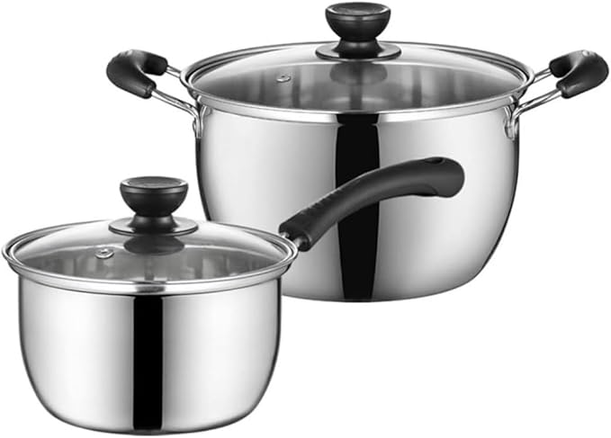 Kitchen Cooking Sets 2 Pcs Cooking Pot Stainless Steel Soup Pot Milk Pot with Glass Lid Kitchen Cooking Cookware Sets