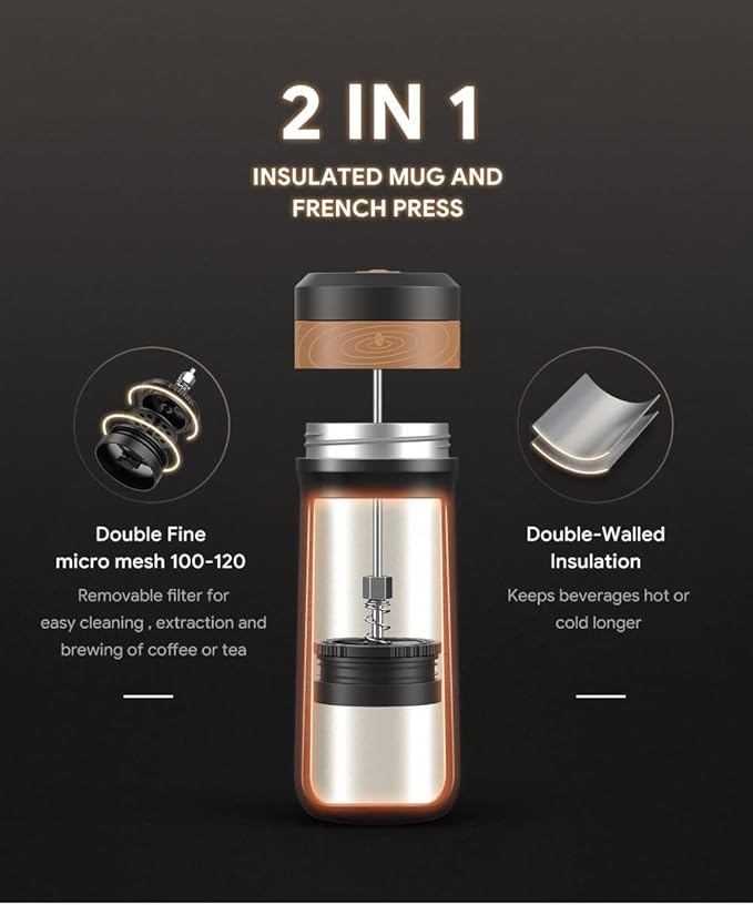 Portable French Press Stainless Steel Coffee Maker Travel French Press Insulated Bottle Cup - 320ml Portable Coffee Maker with Double Wall Insulation Ideal for On - the - go Coffee Lovers