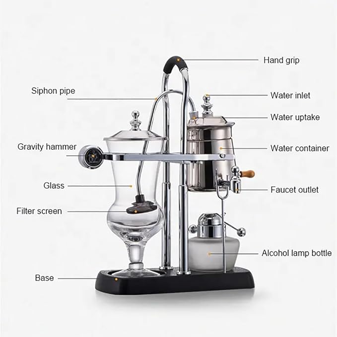Siphon Coffee Maker 3-5 Cups Detachable Brewer 304 Stainless Steel Mesh and High Borosilicate Heat-Resistant Glass Double Ridged Fulcrum with Tee Handle for Tea