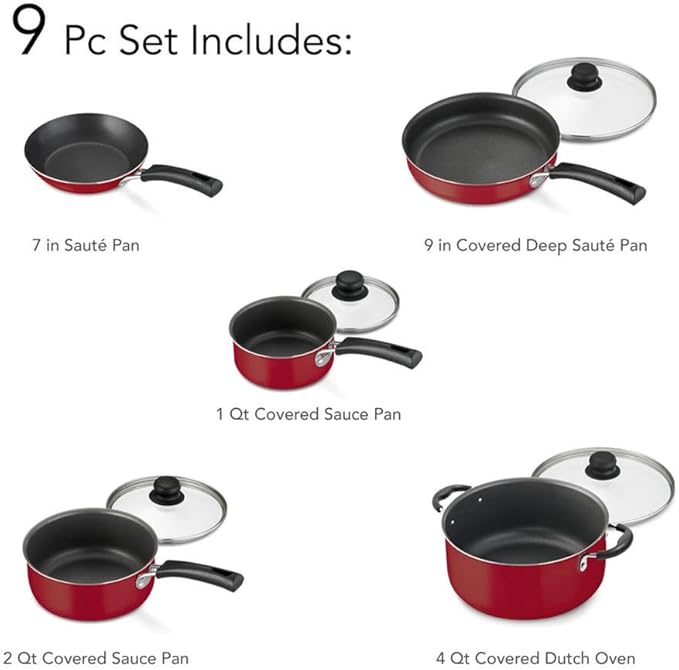 9 Piece Non Stick Cookware Set Red Saute Pan Deep Saute Pan Sauce Pans Dutch Oven Riveted Handles Tempered Glass LidsA9 Pc