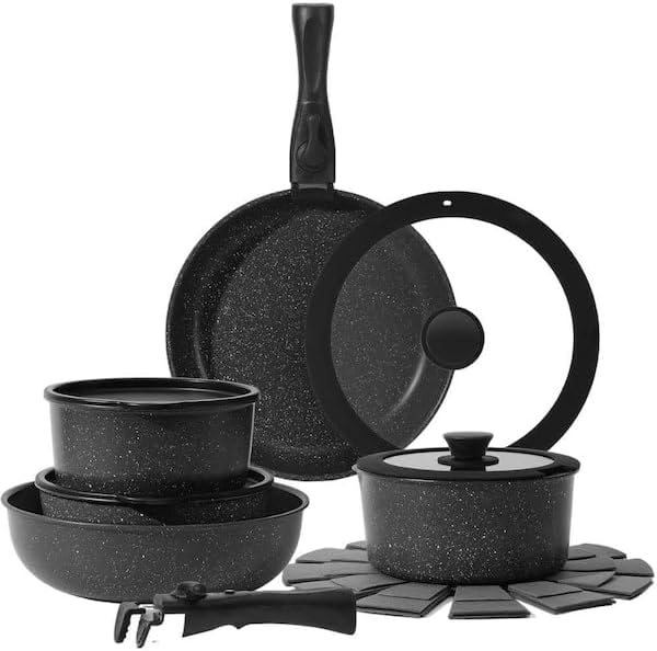 For 15-Piece Nonstick Granite Cookware Set Pots and Pans Glass Lids Removable Handle in Black