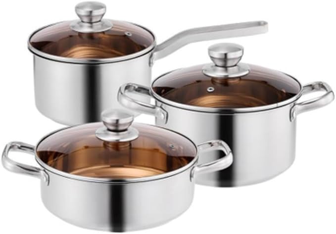 Kitchen Cookware Sets 3 Pcs Thicken Stainless Steel Cooking Soup Pot with Glass Lid Milk Pan Saucepan Kitchen Supplies Cooking Set Cooking Pots