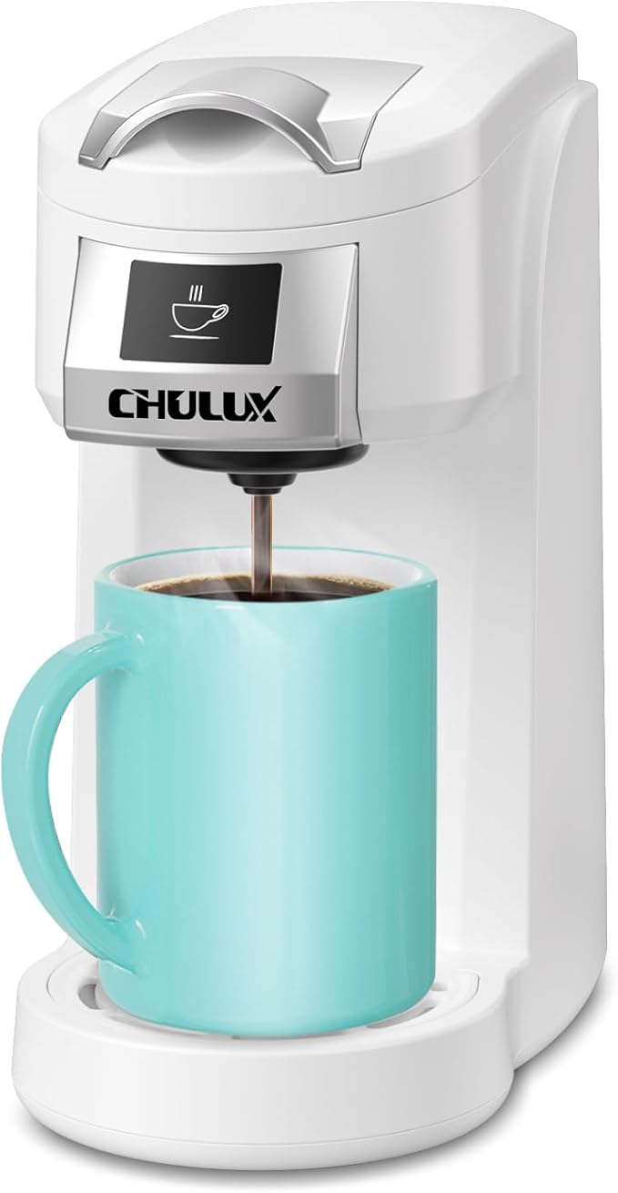 CHULUX Classic Single Serve Coffee Maker for K Cup One Button Easy Coffee Machine for Office RV Travel and Dorm White