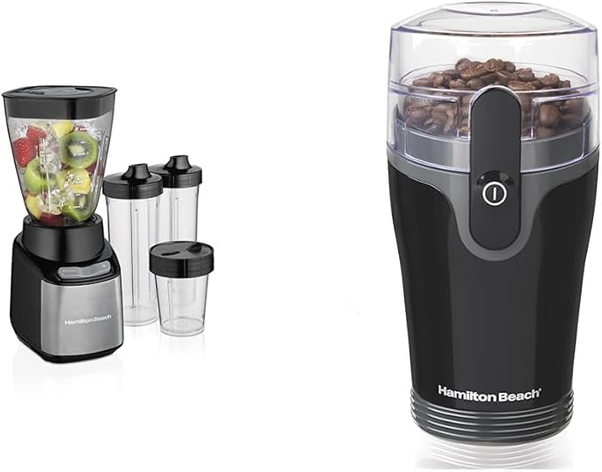 Hamilton Beach Stay or Go Blender with 32oz Jar 8oz Black and Silver (52400) &amp Fresh Grind Electric Coffee Grinder for Beans Spices and More Stainless Steel Blades Removable Chamber Black