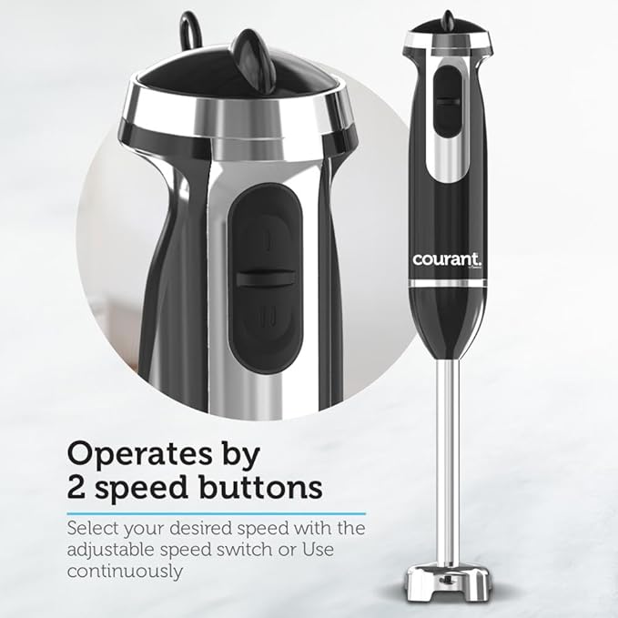 Courant Immersion Hand Blender with Variable Speed Stainless Steel Blades for Smoothies Purees and Soups Easy-Grip Control (Black)