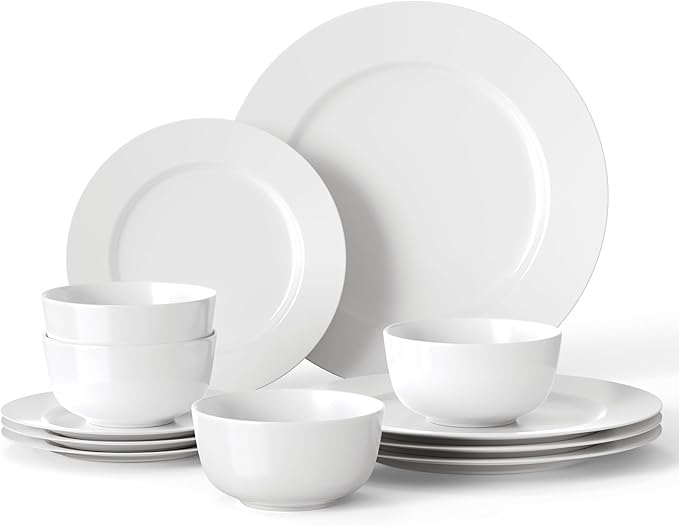 16 Pieces Plates and Bowls Sets White Porcelain Dinnerware Sets Ceramic Dishes Set Service for 4 White Kitchen Dinner Dining Ware Set