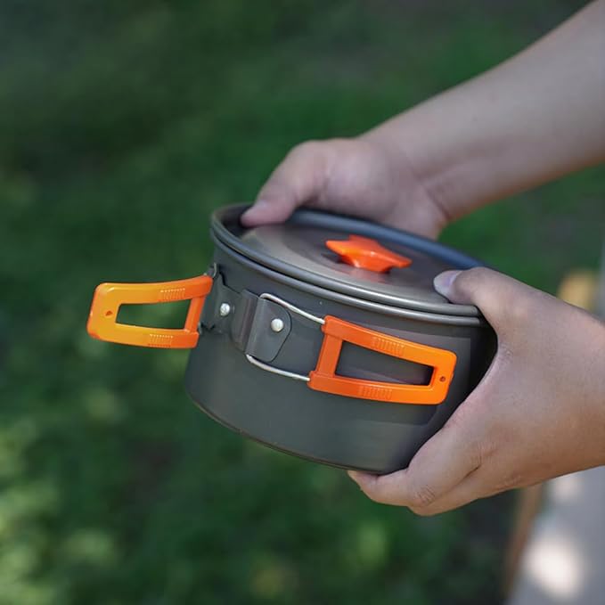 EVTSCAN Camping Hiking Cookware Set Outdoor Portable Picnic Cookware Kit Alumina Pot Frying Pan Set Travel Cooking Accessory