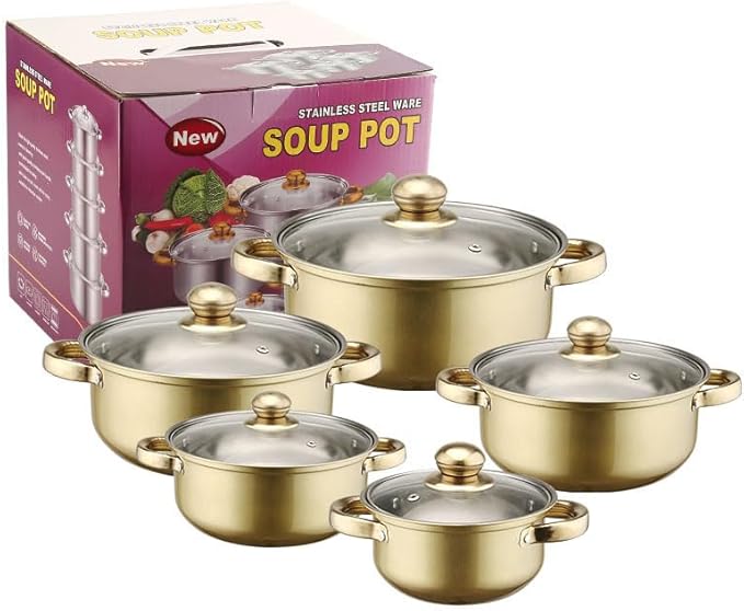 10PCS Stainless Steel Cookware Sets Nonstick Cookware Pot Dishwasher Safe Pots with Glass Lids for Soup Pasta Stew Rice Healthy Everyday Use for Gas Electric Halogen Ceramic Induction Hobs 07