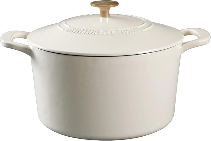 Martha Stewart Lockton Premium Nonstick PFA Free Ceramic Interior 10 Piece Heavy Gauge Enamel Aluminum Pots and Pans Cookware Set - Linen White w/Gold Handle &amp Gatwick 7 QT Enamel Cast Iron Dutch