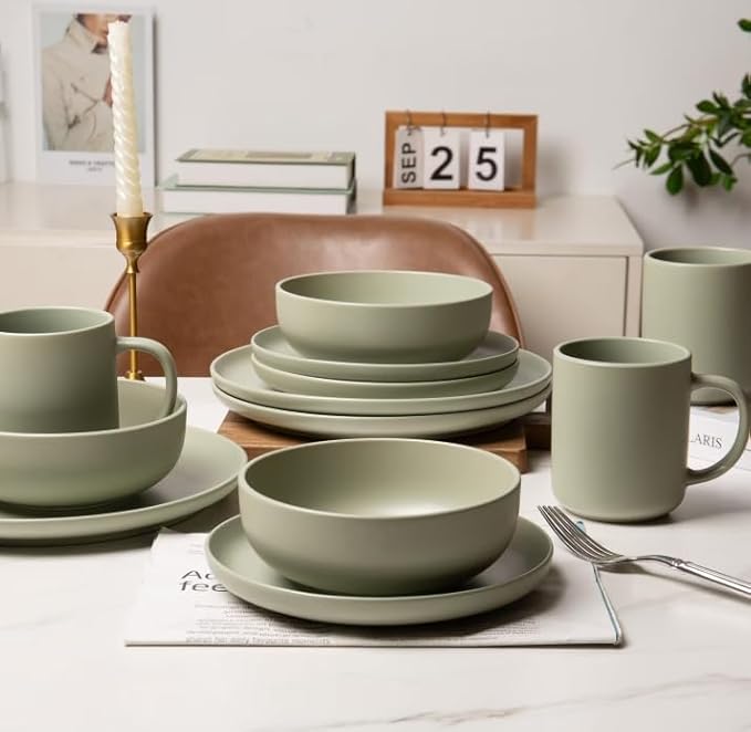 12-Piece Stoneware Dinnerware Set for 4 10 Plates &amp 7.5 Salad Plates &amp 5.9 Bowls Microwave &amp Dishwasher Safe Stackable Matte Glaze Kitchenware Chip &amp Scratch Resistant(Green)