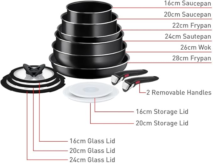 Tefal Ingenio Easy On 13 Piece Pots &amp Pans Set Stackable Easy Cleaning Non-Stick Coating Heat Indicator Removable Handle All Hobs Compatible Except Induction L1599243