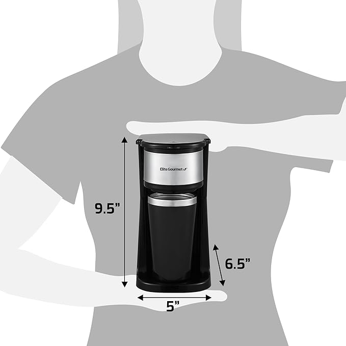 Elite Gourmet EHC112 Personal Single-Serve Compact Coffee Maker Brewer Includes 14Oz. Thermal Travel Mug with Stainless Steel Interior Compatible with Coffee Grounds Reusable Filter Black