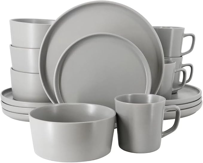 16 Piece Stoneware Dinnerware Set – Modern Matte Finish Plates and Bowls Microwave &amp Dishwasher Safe Service for 4 (Light Gray)