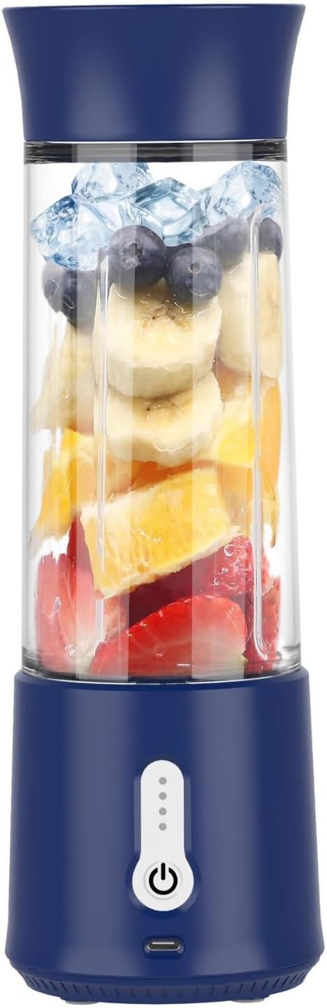 Portable Blender with USB Charging Personal Size Smoothie Maker 500ml Glass Cup 304 Stainless Steel Blades (dark blue)