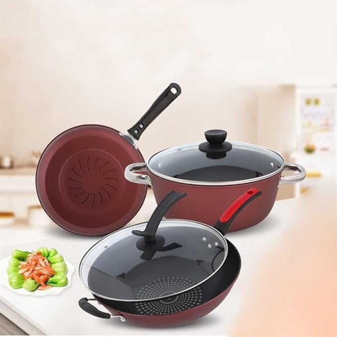Cookware Set Pots and Pans Set 3pcs Cookware Set Wok Soup Pot with Lid Frying Pan Cooking Pot Saucepan Non-Stick Pan Set Kitchen Cooking Tools Cooking Pot Set Cooking Pan Set