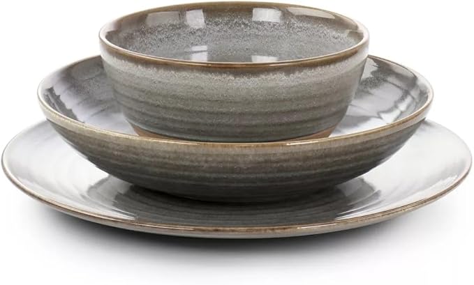 12 Piece Earthenware Dinnerware Set – Reactive Glaze Plates and Bowls with Raw Textured Base Round Ceramic Design Microwave &amp Dishwasher Safe Service for 4 (Gray)