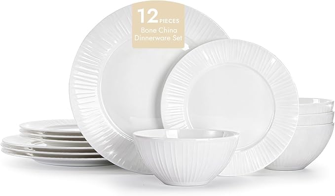 KINGSTONE Bone China Dinnerware Set 12-Piece White Lightweight Porcelain with Textured Design Service for 4 Plates Bowls for Family Dining Restaurants Gifting Microwave and Dishwasher Safe