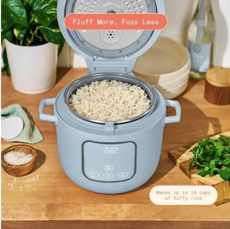 14-Cup Rice &amp Grain Cooker Touch-Activated Display 8 Presets Ceramic Nonstick Coating Steamer &amp Egg Tray Automatic Keep Warm Programmable 24 Hours (Blue)