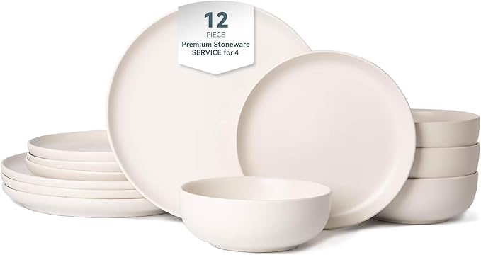 12-Piece Stoneware Dinnerware Set for 4 10 Plates &amp 7.5 Salad Plates &amp 5.9 Bowls Microwave &amp Dishwasher Safe Stackable Matte Glaze Kitchenware Chip &amp Scratch Resistant(White)