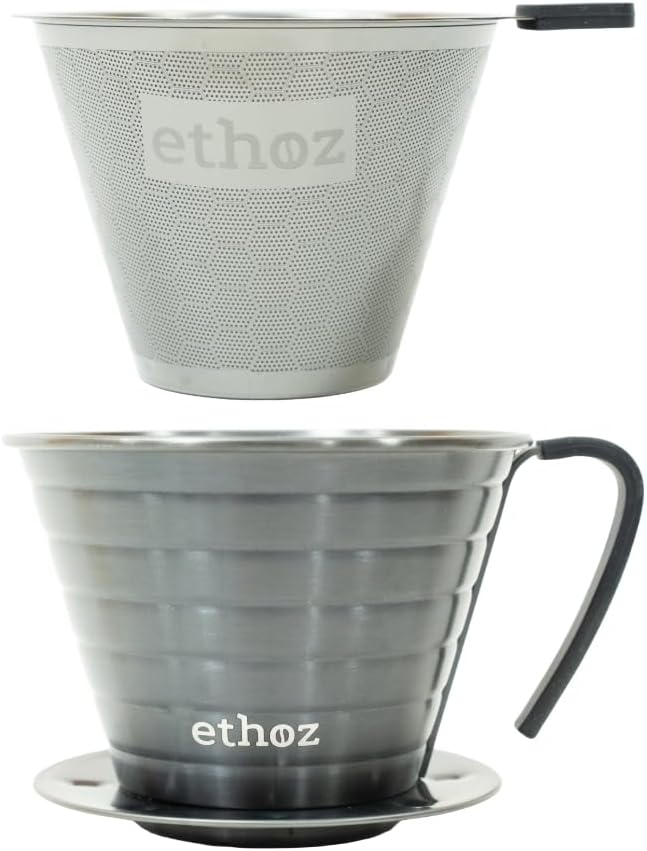 Ethoz® by Planetary Design Pour Over Coffee Maker – Sustainable Stainless Steel Filter Convex Bottom for Even Extraction Reusable Design