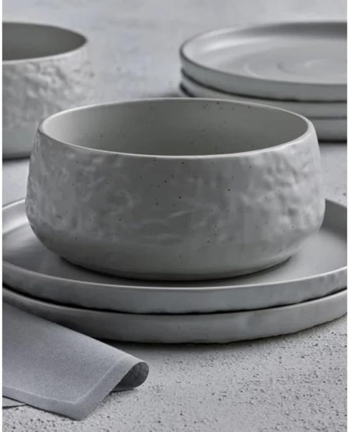 Artistic Design 32 Piece Round Elegant Stoneware Dinnerware Set For 8 | Expertly Crafted Organic Shape With Texture &amp Reactive Glaze Finish | Light Gray Color Microwave Dishwasher Safe Luxurious L