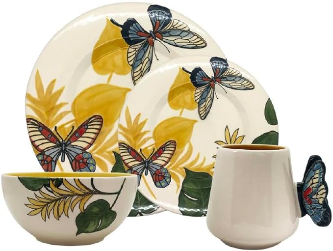 ARTESA ORGANICS BRIGHT NATURE AMARILLO Ceramic Dinnerware Set Yellow Butterfly Pattern with Tropical Leaves Handmade &amp Hand-Painted 4-Piece Collection Microwave Safe