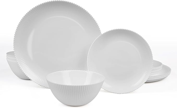 Dinnerware Sets for 4 12 Pieces Opal Glass Plates and Bowls Set Dishwasher and Microwave Safe Ribbed Dish Dinning Ware Chip and Scratch Resistant Dishware White