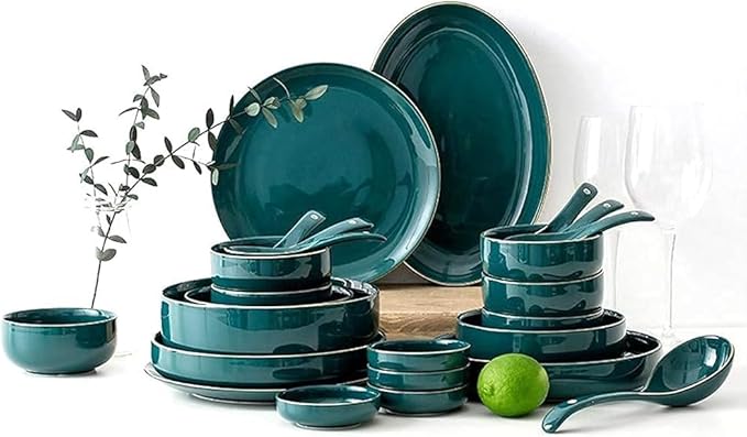 Dinnerware Set Plates and Bowls Sets Bowl/Dish/Spoon|Green Gold Rim Pattern Dinnerware Set Nordic Minimalist Style Porcelain Combination