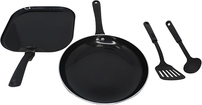 4-Piece Black Ceramic Non-Stick Pots and Pans Set 10 &amp 10.5 Inch Frying Pans with Cool Grip Handles Aluminum Healthy Ceramic Cookware Set for Home