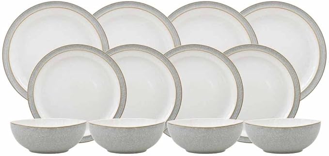 Denby Elements Light Grey Dinner Set - 4/12 Piece Ceramic Tableware - Dishwasher &amp Microwave Safe - 4 Dinner Plates 4 Medium Plates 4 Cereal Bowls