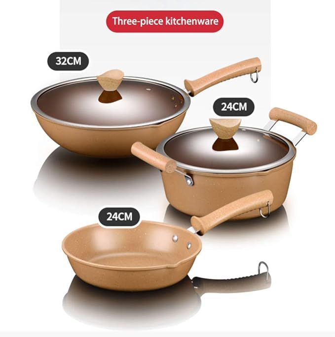 Saucepan Set - 3 Piece - Pans with Toughened Glass Lids and Heat-Resistant HandlesStock Pot 24CmFrying Pan 24CmWok 32CmEasy to CleanCan Be Used for Gas Induction Cooker
