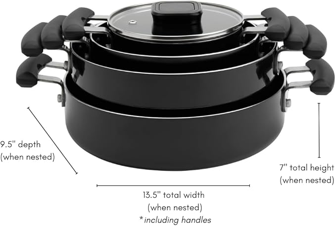 Denmark Tools for Cooks 7 Piece Ceramic Nonstick Aluminum Nesting Cookware Set Pots Pans Black