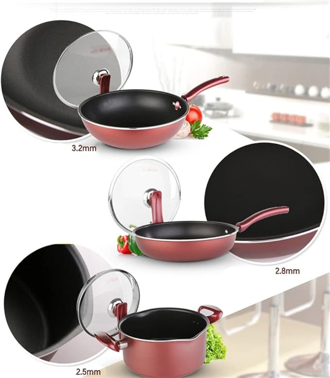 7 Piece Food Grade Aluminum Alloy Cookware Set Heat Resistant Stock Pot + Wok Frying Pan with Glass Lid Kitchen Cookware