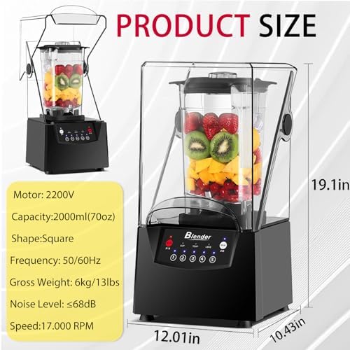 Quiet Commercial Blender with Soundproof Shield 2200W Professional High-Speed Blender 70oz Jar Self-Cleaning Ideal for Smoothies Soups and Sauces 220V Kitchen Appliance