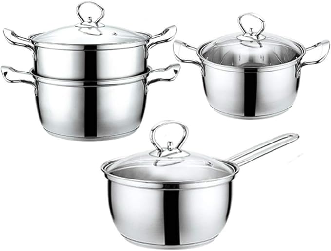 Cookware Set3-Piece Stainless Steel Pot &amp Pan Sets Induction Safe Saucepan Casserole Milk Pot with Glass lidComfortable HandleSuitable for Gas and Induction Cooke