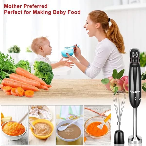 ICucina 4-in-1 Variable Speed Immersion Hand Blender with Whisk Chopper and Beaker Attachments