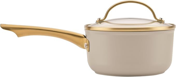 Farberware Forged Induction Ceramic Nonstick Pots and Pans Set with Cooking Tools Dishwasher Safe Gold Color Stainless Steel Handles 12 Piece Cookware Set - Taupe