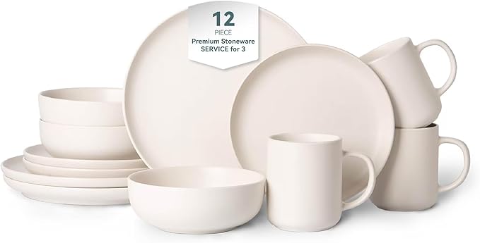 12-Piece Stoneware Dinnerware Set for 3 - Chip-Resistant Plates Bowls &amp Mugs Premium High-Density Stoneware Dishwasher &amp Microwave Safe Stackable Space-Saving Design with Matte Glaze(White
