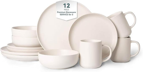 12-Piece Stoneware Dinnerware Set for 3 - Chip-Resistant Plates Bowls &amp Mugs Premium High-Density Stoneware Dishwasher &amp Microwave Safe Stackable Space-Saving Design with Matte Glaze(White