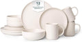 12-Piece Matte White Dinnerware SetStoneware Dinnerware for 3 Microwave &amp Dishwasher Safe Stackable Design for Kitchen and Dining - PlatesBowls and Mugs