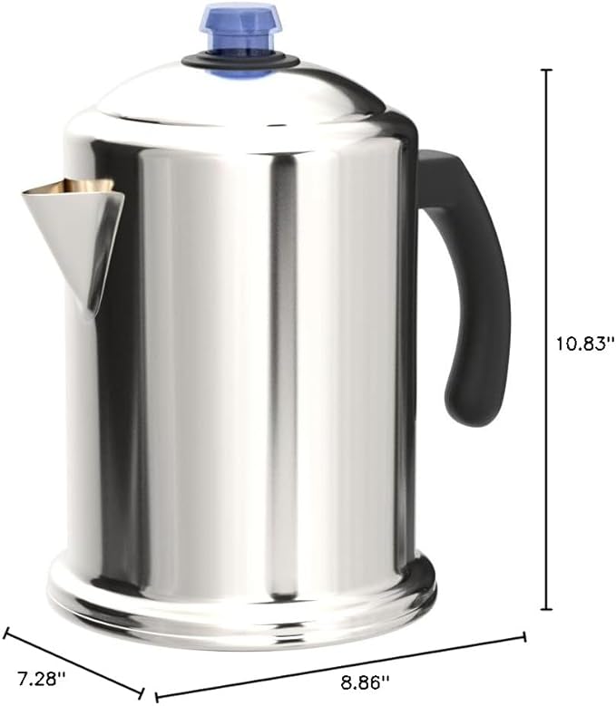 Farberware Classic Stainless Steel Coffee Percolator 12 Cup Silver with Glass Blue Knob 7.28D x 8.86W x 10.83H